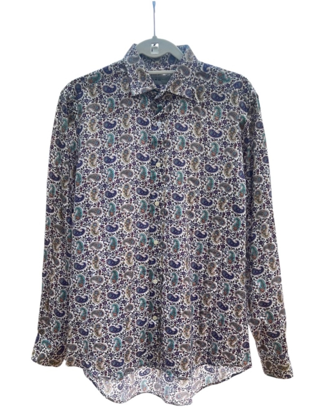 Etro Men's Paisley Button-Down Shirt in Blue, Teal and Cream Size 40(Medium)